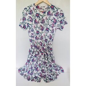 Floral Romper Jumpsuit S. Roberts White Pink Purple VTG 90s Prairie Cottagecore
